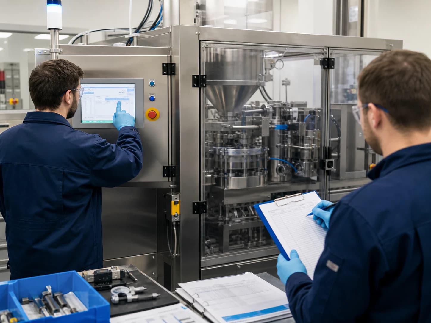 Engineers documenting a representative pharmaceutical equipment test