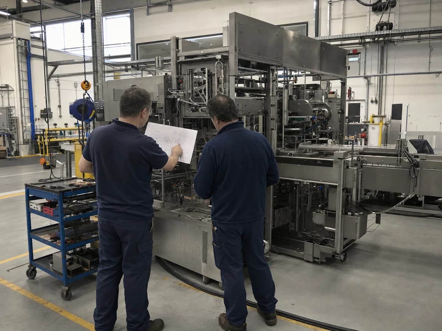 Technical professionals reviewing a pharmaceutical equipment line in a representative project environment